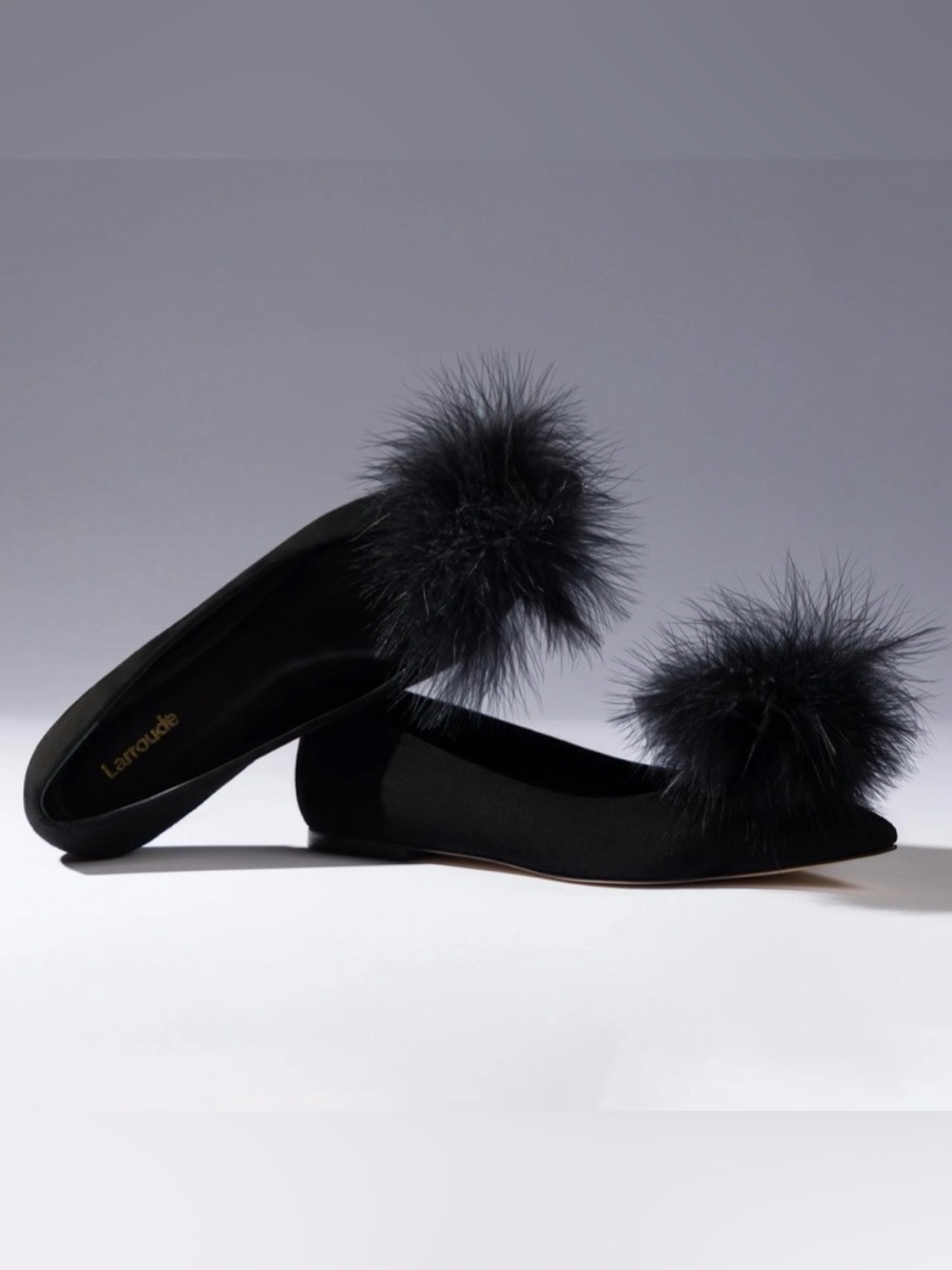 Larroudé Black Suede Lee Pompom Feather Pointed Toe Flats Size 10